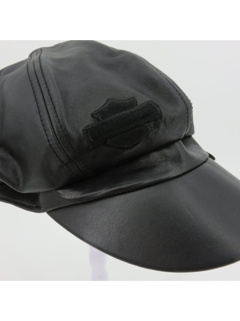 Harley Davidson Adult Large Black Leather Embroidered Lace Up Cabbie Newsboy Hat — image 7 of 8
